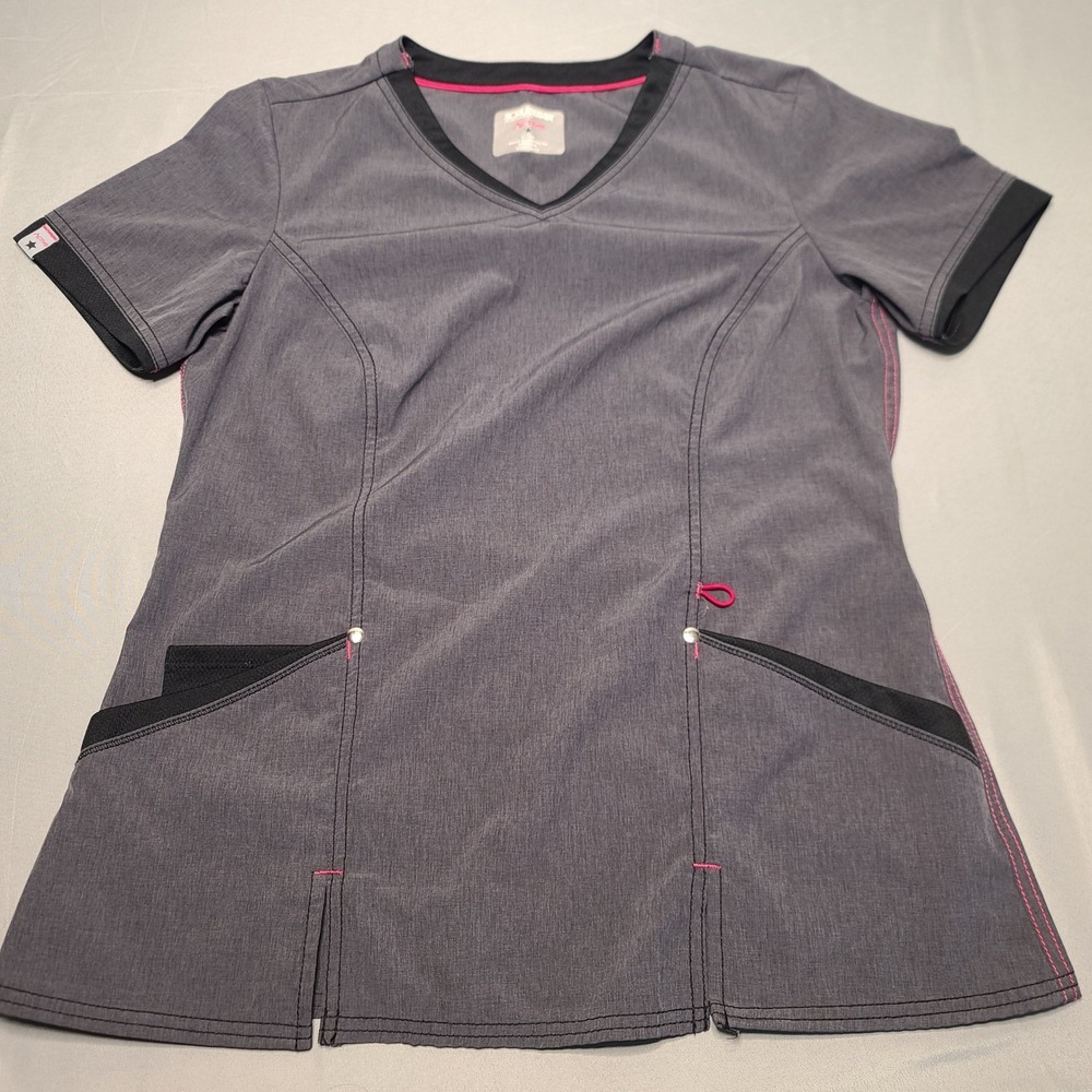 Scrubstar Active Scrub Top Womens Small Gray Pink V-Neck Short Sleeve Utility